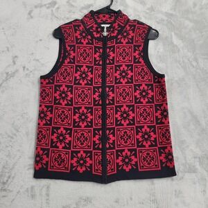Christopher & Banks Sweater Vest Womens M Red Black Floral Mock Neck Full Zip